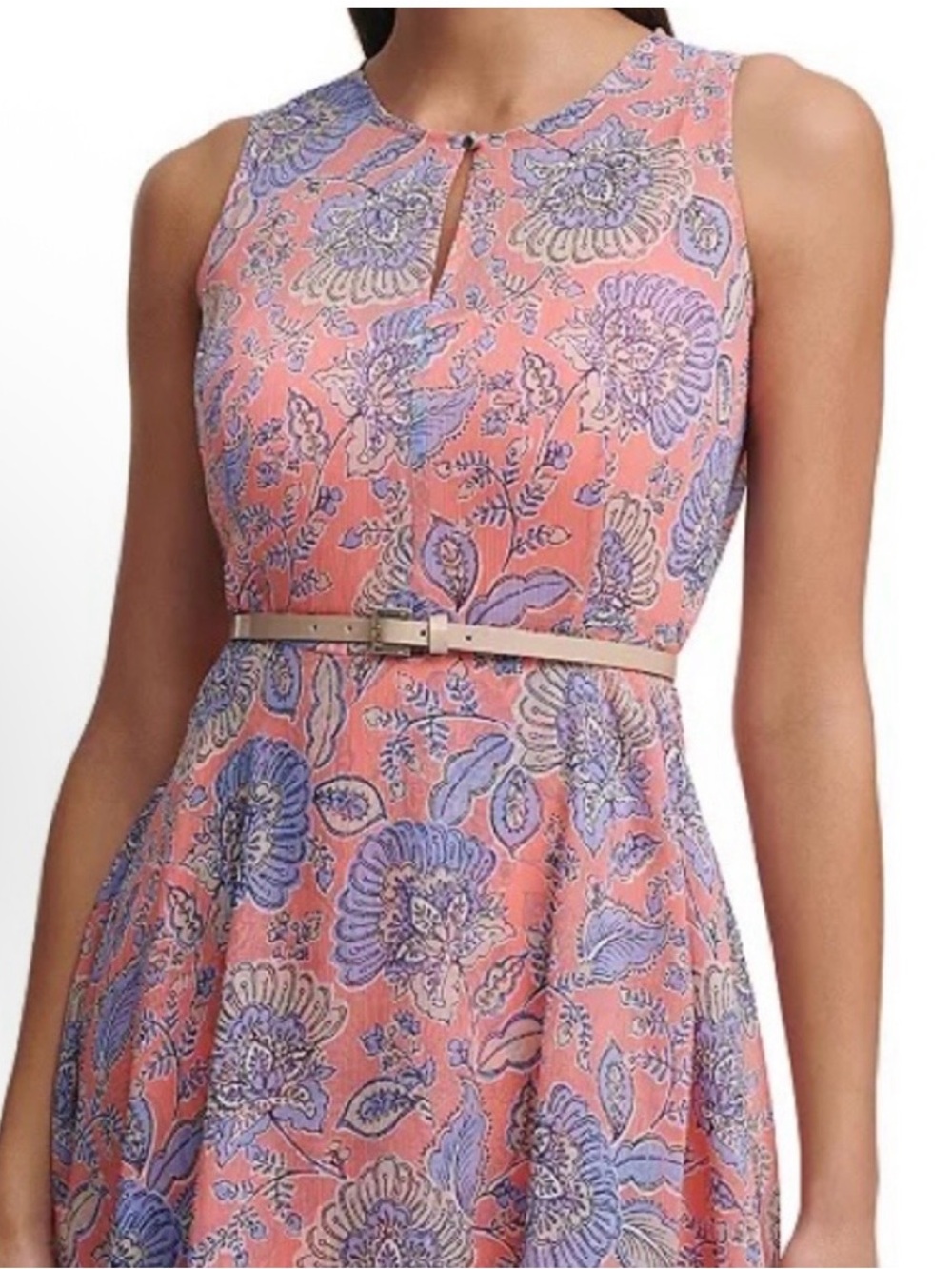Tommy Hilfiger Coral Floral Sleeveless Midi Dress with Lavender Accents